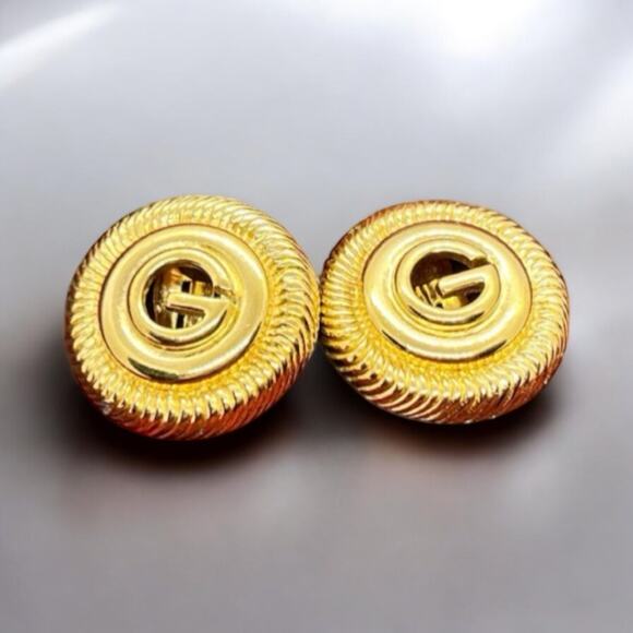 Givenchy Earrings Gold Plated 1990's Clip On Vintage- Round G